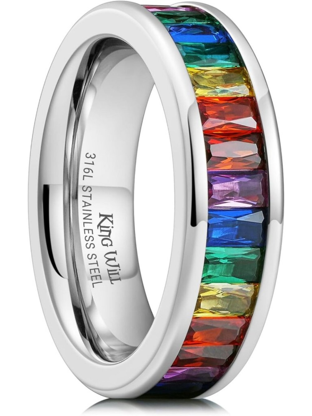Colorful Baguette-Cut Eternity Ring for Women, 6mm Stainless Steel Stackable